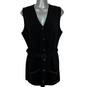 Vintage Burberry Sweater Vest Black Merino Wool Brown Leather Women's Medium